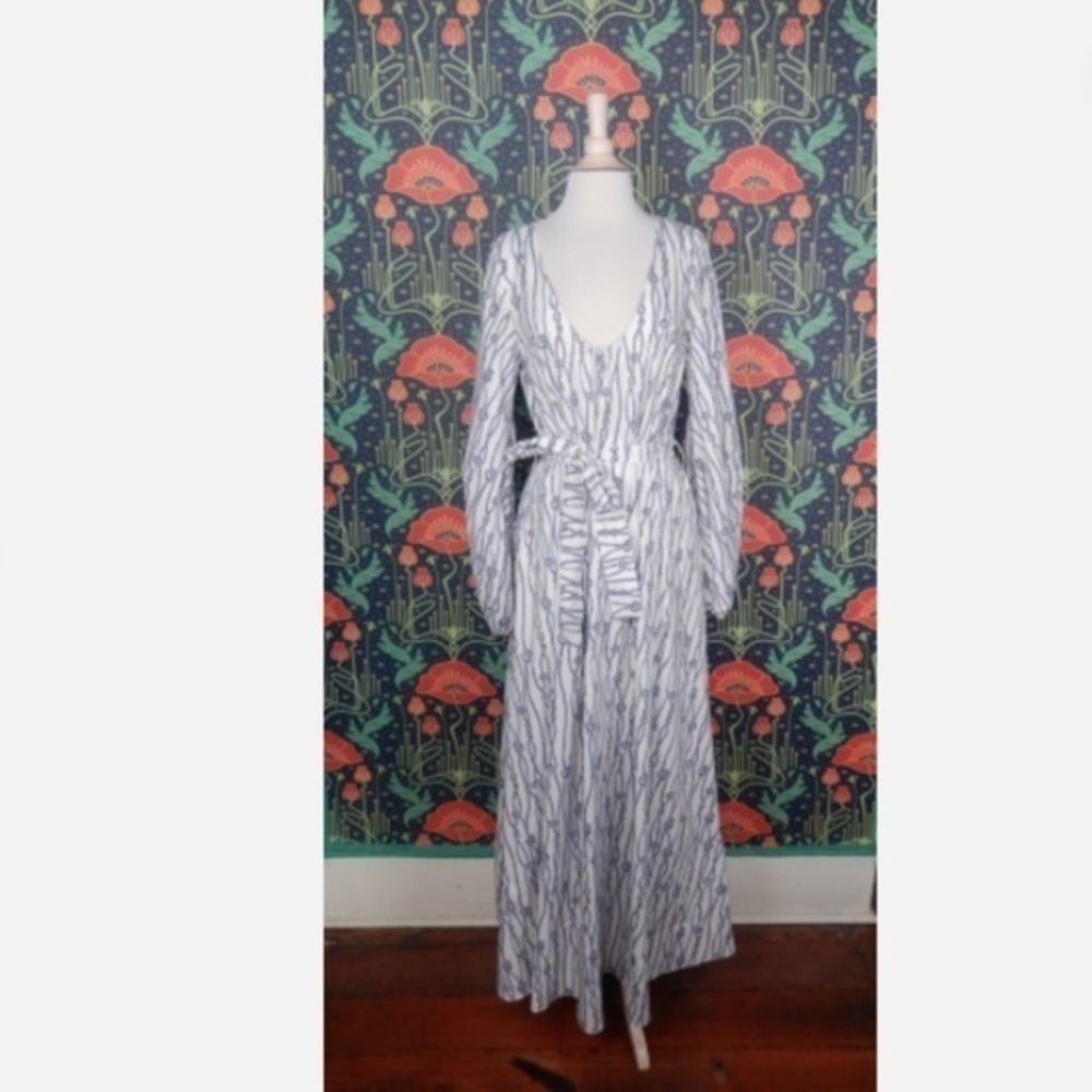 Caroline Constas Nautical Blue White Rope Knot Long Sleeve Maxi Resort Dress S